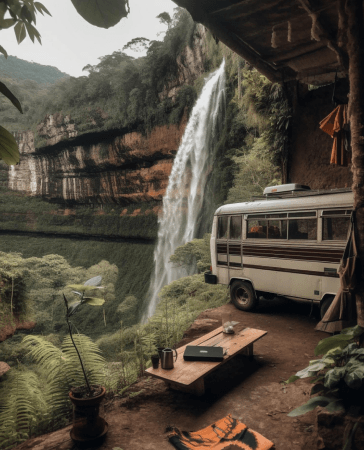 camper-sits-front-waterfall-camper-van-sits-front-camper-van 1