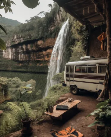 camper-sits-front-waterfall-camper-van-sits-front-camper-van 1
