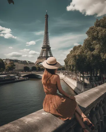 woman-dress-hat-sits-bridge-overlooking-seine-river-paris 1